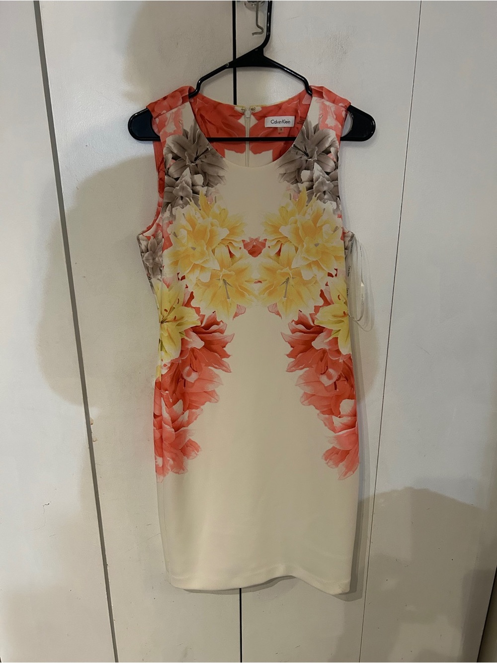 Calvin Klein Cream Sheath Dress with Coral and Yellow Floral Print